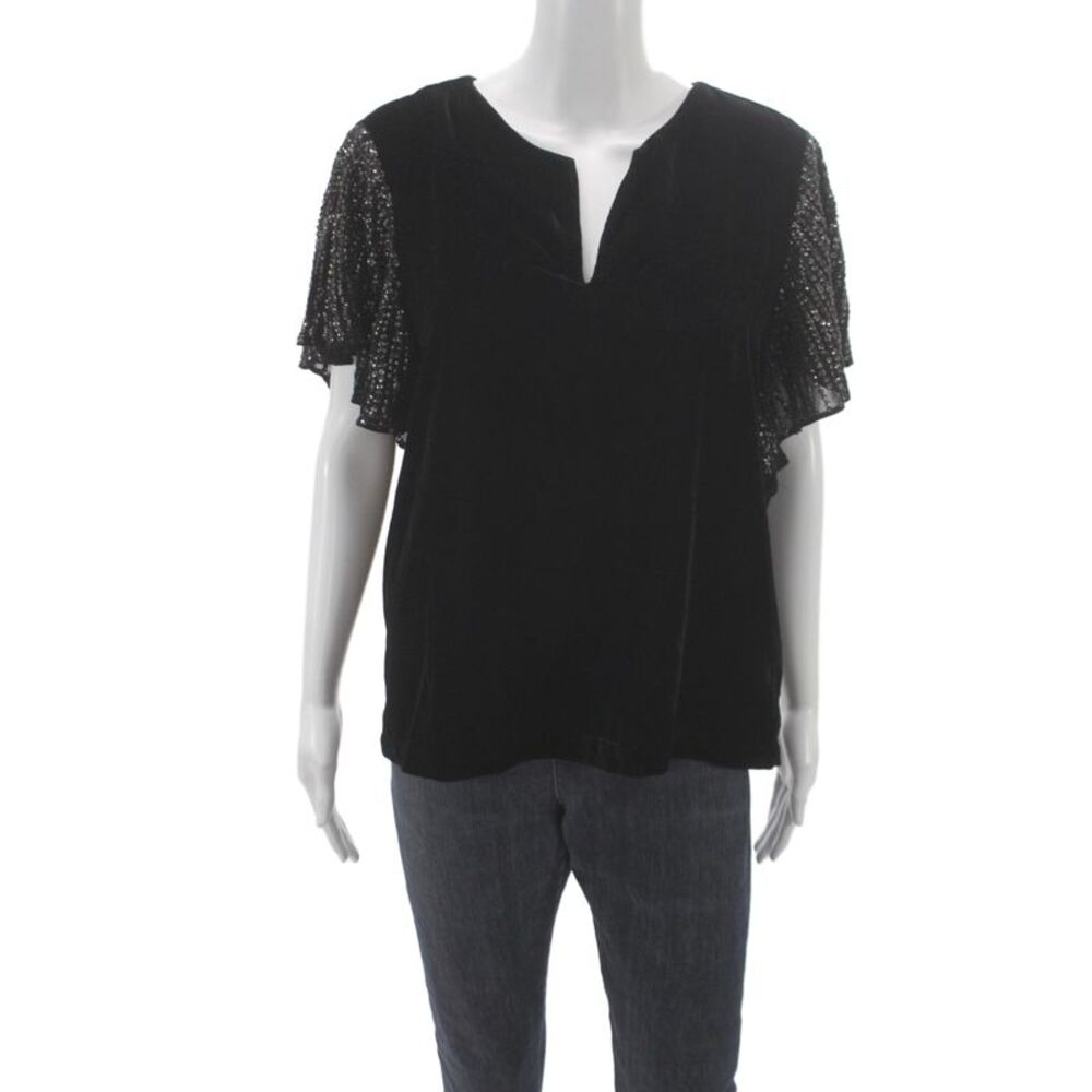 Velvet by Graham & Spencer Women Black V-Neck Short Sleeve Blouse Size L